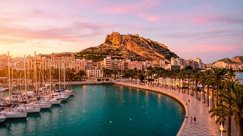 Composición editorial sobre Alicante con guiños a la costa mediterránea — portada del análisis de casinos online legales.