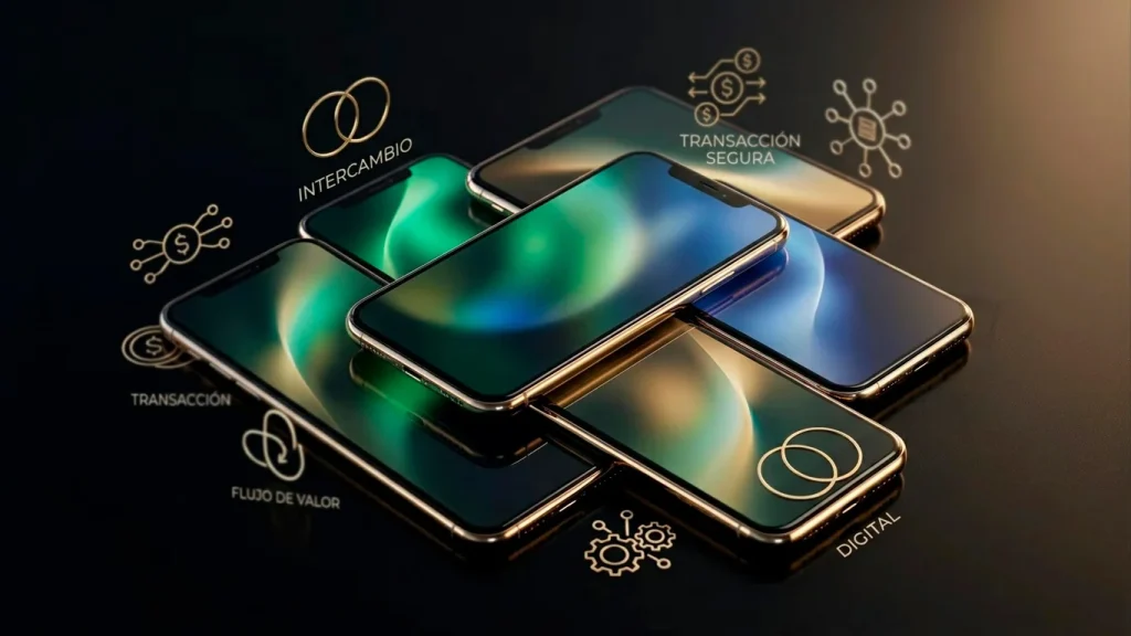 Composición editorial con teléfono moderno y elementos de transacción anónima — portada de la guía de apps con dinero real.