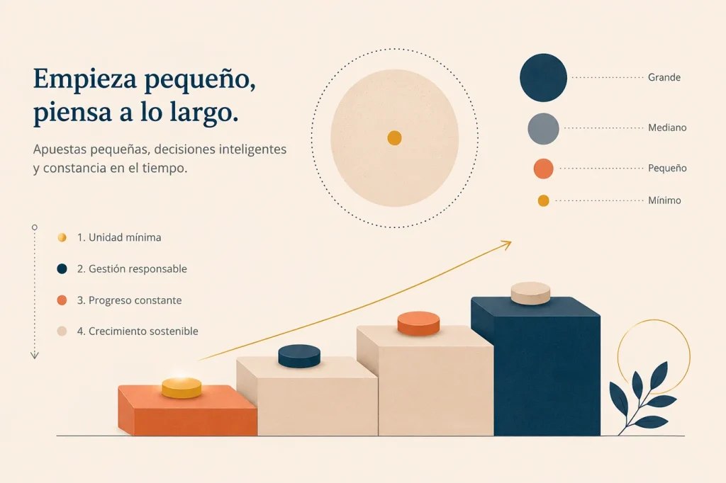 Composición editorial con regla milimetrada y monedas pequeñas estilizadas — portada de la guía de apuesta mínima.
