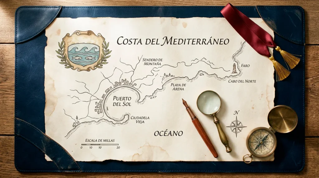 Composición editorial con mapa antiguo de costa mediterránea, brújula de bronce y sello lacrado — guía territorial barcelonesa.