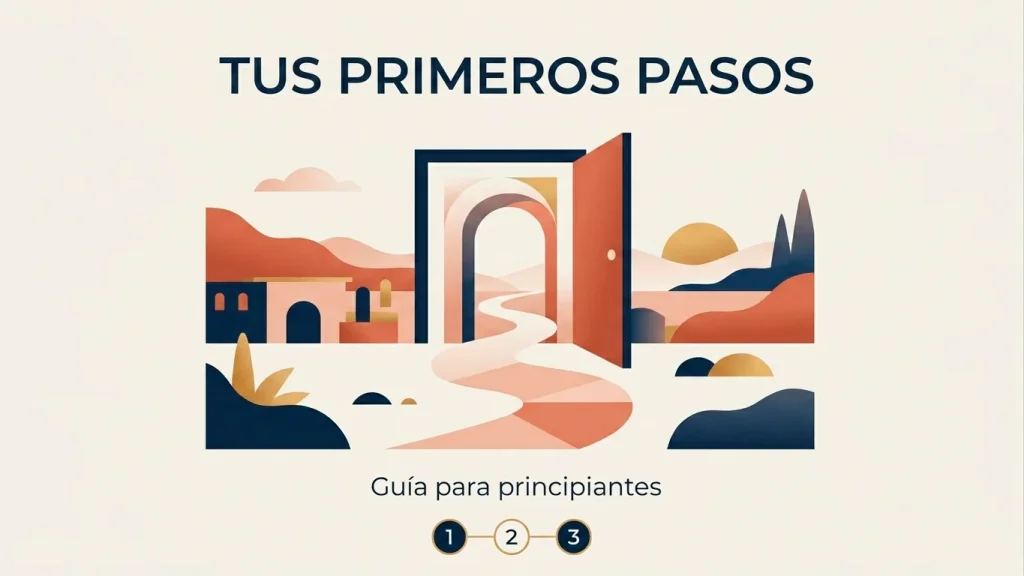 Composición editorial con primer paso destacado en un mapa de proceso — portada de la guía «cómo empezar».