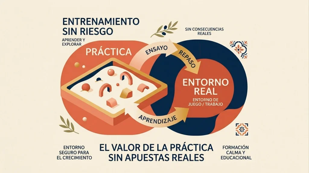 Composición editorial con icono de play en modo prueba — portada de la guía de casino demo.