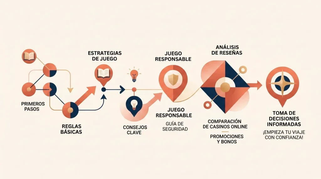 Composición editorial con flechas y nodos conectados — portada del pilar de guías paso a paso.