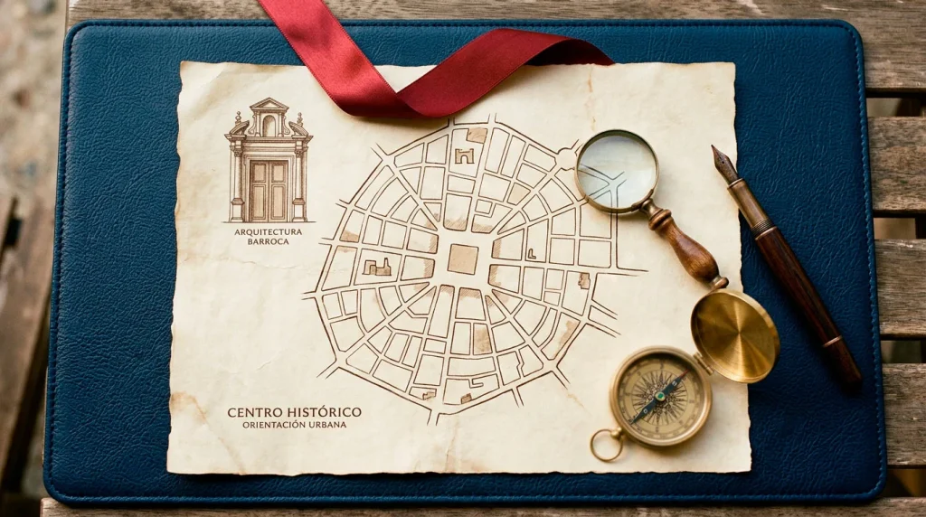 Composición editorial con mapa antiguo de un núcleo urbano, sello lacrado y pluma — guía territorial de la capital.
