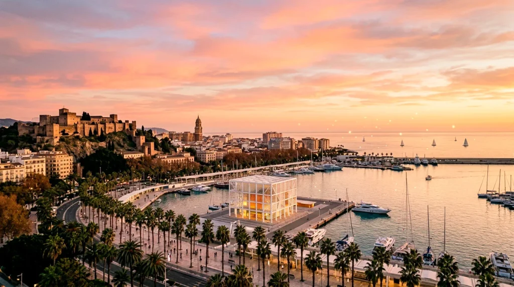 Composición editorial sobre Málaga con motivos mediterráneos — portada del análisis de casinos online y oferta legal en la provincia.