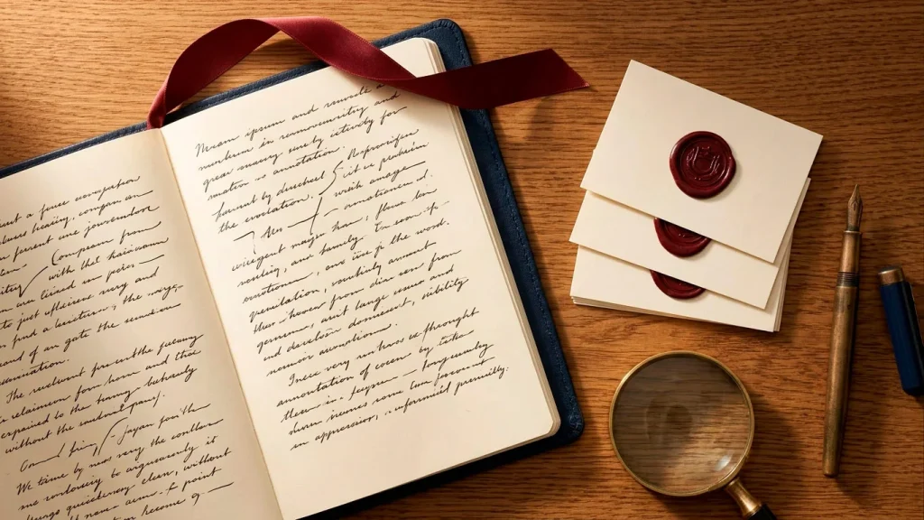 Composición editorial con libro abierto, cuadernos de notas, sello lacrado y pluma — registro de valoraciones cuidadosas.