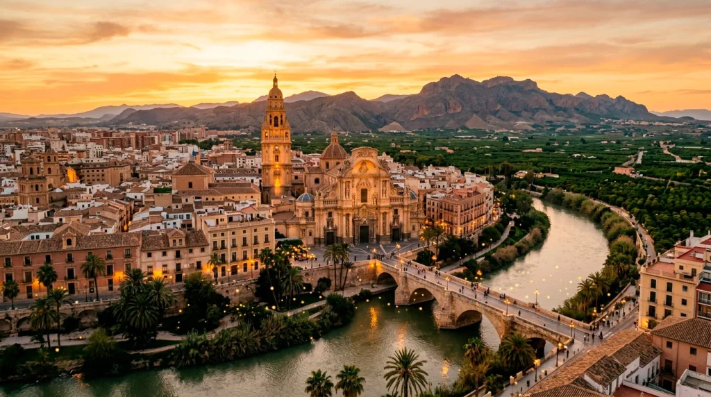 Composición editorial sobre Murcia con motivos huertanos — portada del análisis de casinos online con licencia DGOJ.