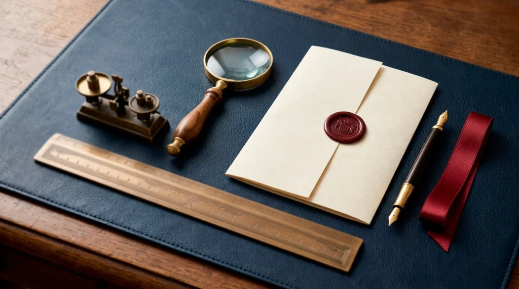 Composición editorial con balanza, regla de bronce y cilindros graduados sobre fondo de papel ivory — evaluación cuantitativa.