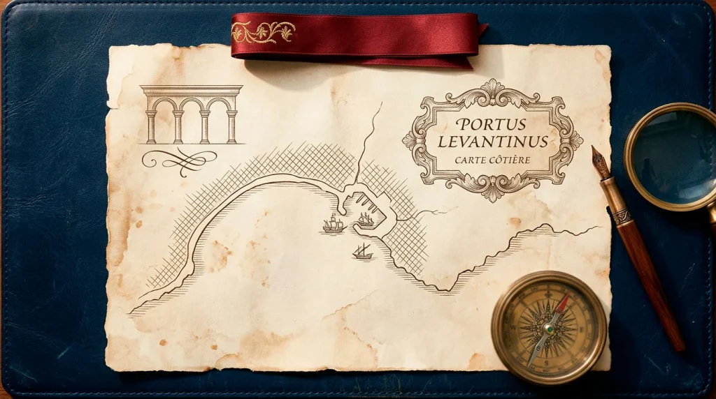 Composición editorial con mapa antiguo de costa mediterránea, brújula de bronce y sello lacrado — guía territorial valenciana.