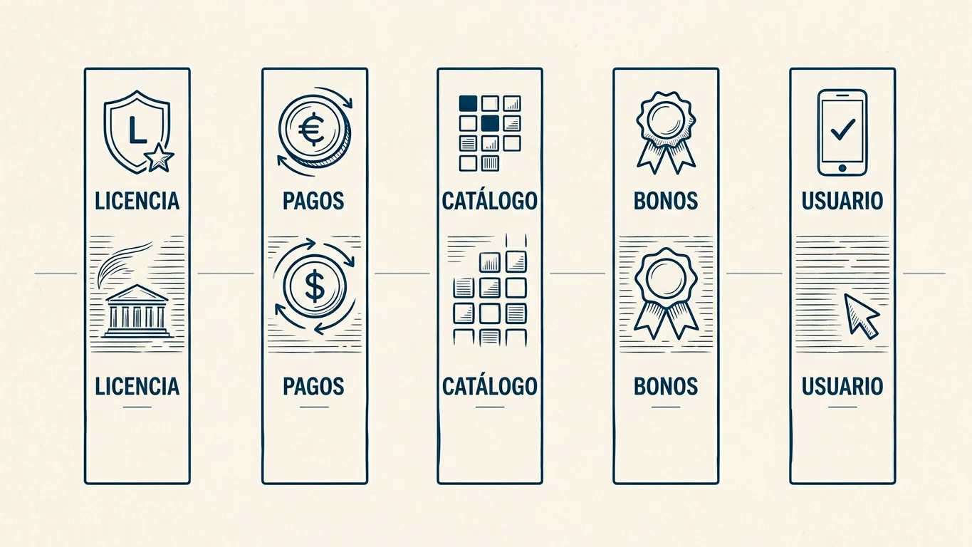 Diagrama editorial de criterios de evaluación: licencia DGOJ, métodos de pago, catálogo de proveedores, condiciones de bono y experiencia de usuario, dispuestos como columnas de una composición de prensa