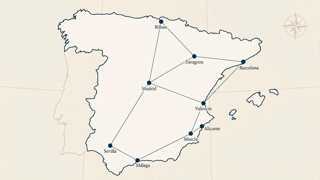 Mapa estilizado de España con marcadores tipográficos sobre nueve ciudades principales: Madrid, Barcelona, Valencia, Sevilla, Bilbao, Málaga, Zaragoza, Murcia y Alicante, ejecutado en estilo de revista editorial